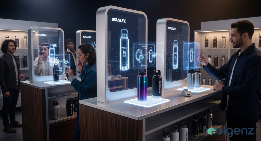 Shoppers interact with illuminated kiosks that project holographic bottle schematics in a dark showroom. Backlit shelves hold colorful finishes while digital overlays detail features.