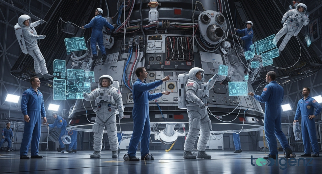Engineers and suited astronauts work around a massive spacecraft Artemis 2 in a bright hangar, interacting with floating holographic schematics.
