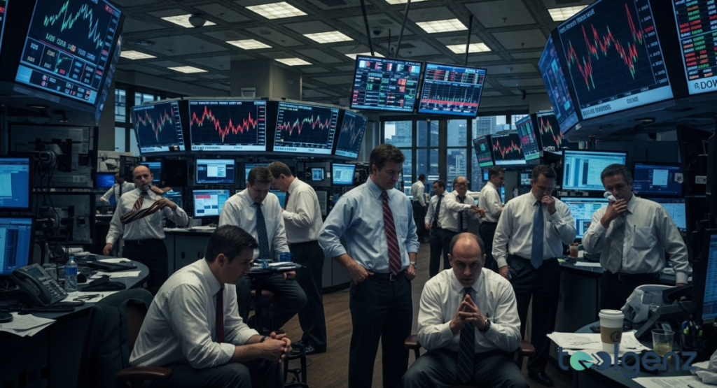 A trading floor filled with agitated brokers reacting to volatile market conditions. Large screens above show red stock charts and various financial indicators.