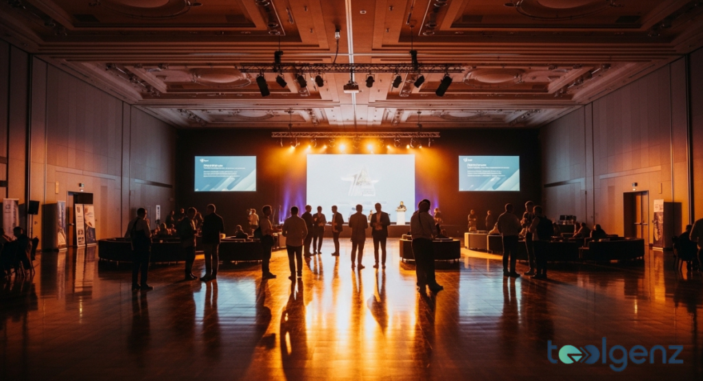 A brightly lit stage at a large conference, featuring speakers and a TechCrunch DISRUPT logo. A large audience is seated, with camera crews recording the event, highlighted by vibrant green lighting.
