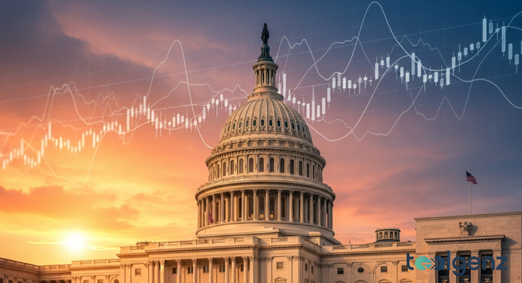 This image shows an imposing, empty boardroom with a long, gleaming wooden table surrounded by numerous leather chairs. Holographic displays float above the table, presenting a "POLICY SCHEDULING" calendar and a "LEADERSHIP TRANSITION" timeline with dates and financial symbols, indicating a forthcoming high-level economic policy discussion.