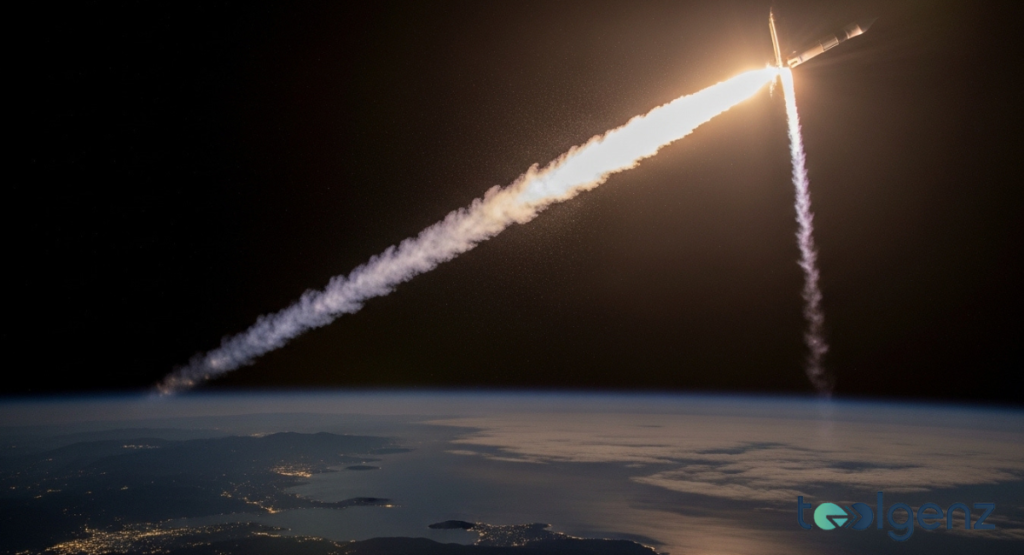 An aerial view of a sprawling launch complex along Florida's coast, with a timeline of rocket launches. Numerous launchpads and support facilities are visible, indicating frequent space missions.
