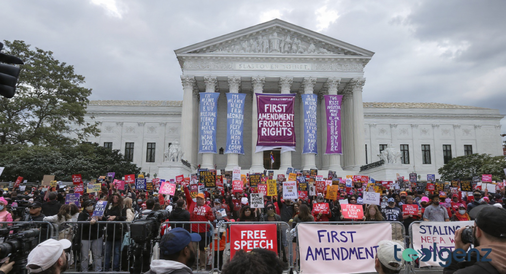 A large crowd of protesters gathered in front of the US Supreme Court building, holding numerous signs. Banners calling for "FIRST AMENDMENT RIGHTS" and "FREE SPEECH" are prominent among the diverse group.