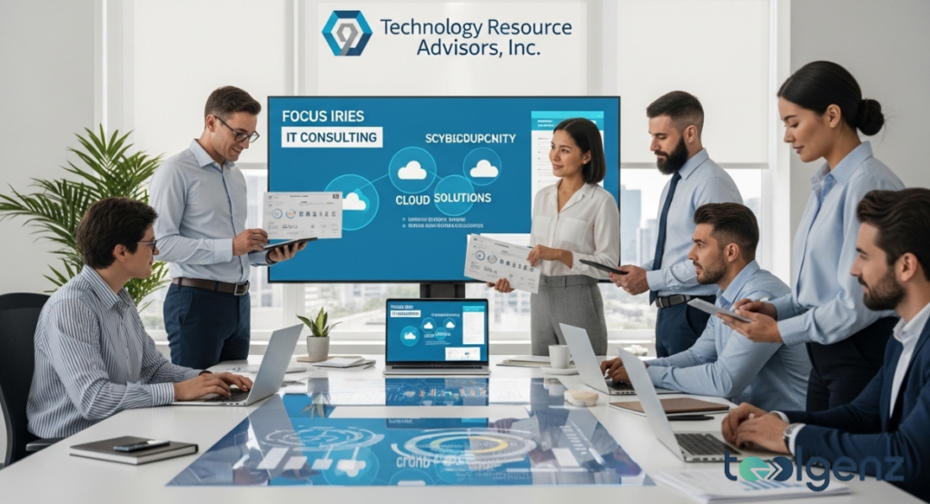 Team meeting in a bright conference room with “Technology Resource Advisors” logo above a screen showing IT consulting and cloud solutions. Six professionals discuss charts and laptops around a glossy table with digital graphics.