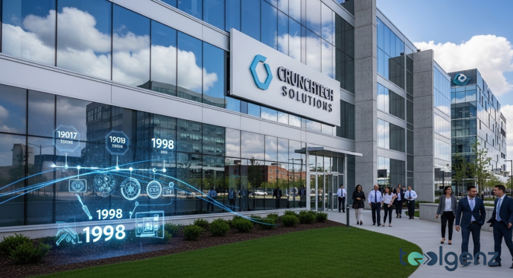 The main entrance of a large, modern office building with the "Crunchtech Solutions" logo above the reception desk. Two women are at the reception, and two men stand near interactive digital kiosks in the lobby.