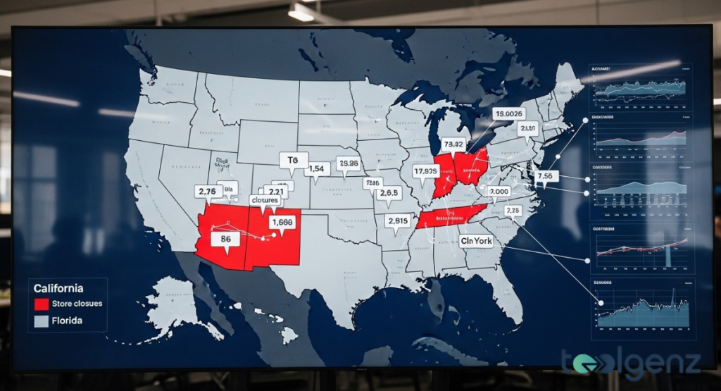 Large screen displaying a U.S. map with several states highlighted in red to indicate closures, plus data callouts and charts on the right.