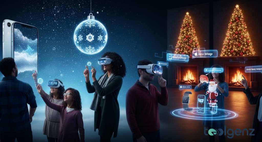 A family wearing VR headsets interacts with floating holiday holograms. Glowing ornaments, trees, and UI panels fill a darkened room.