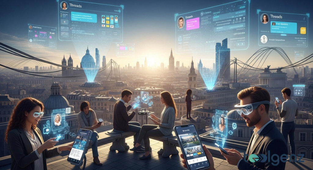 Futuristic rooftop scene over a European skyline with people using phones and AR glasses as floating Threads interfaces hover above.