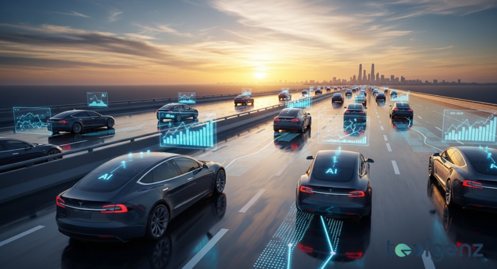 Numerous Tesla vehicles drive on a futuristic highway, with holographic data overlays showing performance metrics. The cars are connected by glowing lines, symbolizing a smart, integrated transportation network and future outlook.