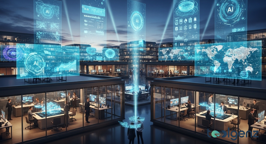 Glass offices glow as giant holographic panels float above a plaza, showing maps and AI graphics. Employees work at desks while luminous “AI” symbols hover over the buildings.