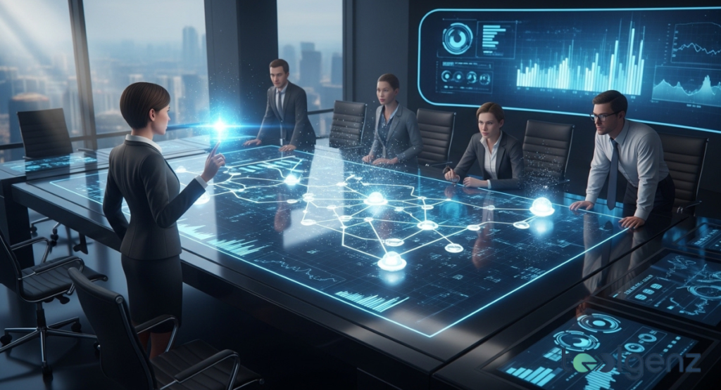 A team gathers around a luminous conference table projecting a network of glowing nodes, while a presenter gestures toward the interactive roadmap display.