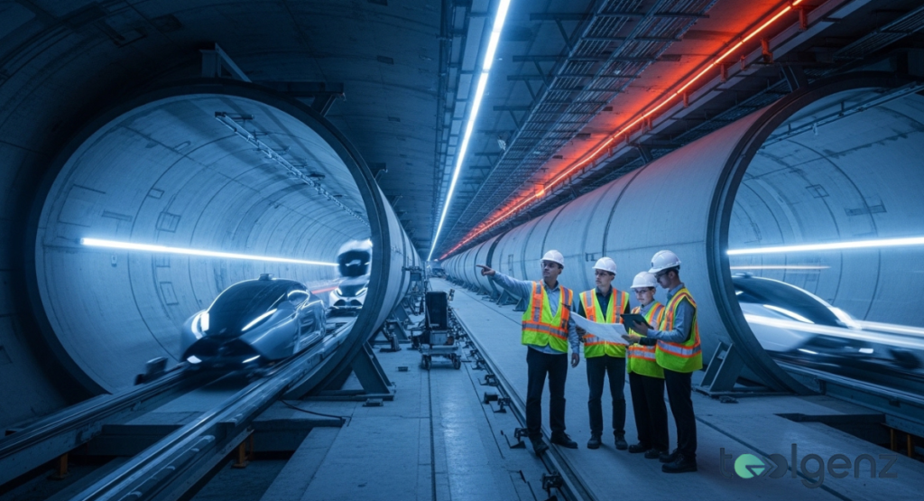Engineers in safety vests and hard hats review plans inside a large underground tunnel system. Sleek pods speed through twin tubes while blue and red lighting lines the concrete walls.