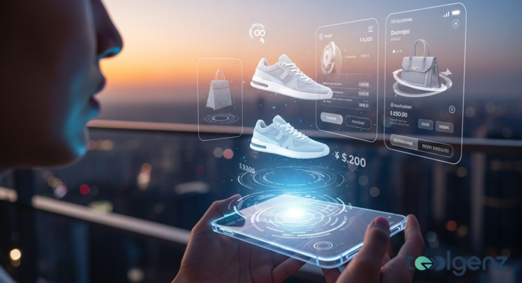 A person observes holographic projections of future shopping experiences with AR and virtual product displays. A translucent smartphone displays an interactive menu, highlighting upcoming trends in digital commerce.