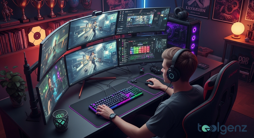 Gamer in headset sits at a curved multi-monitor rig with RGB lighting and a glowing PC tower. Multiple screens show gameplay, stats, and chat in a neon-lit room.