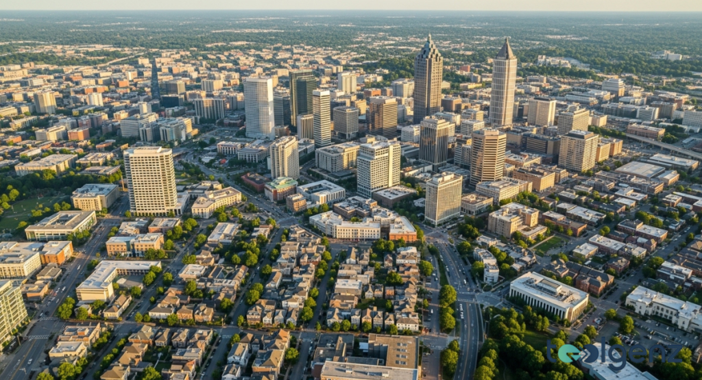 An expansive aerial view of a major city skyline, featuring numerous skyscrapers and urban sprawl. Lush green areas are interspersed throughout the dense network of buildings and roads.