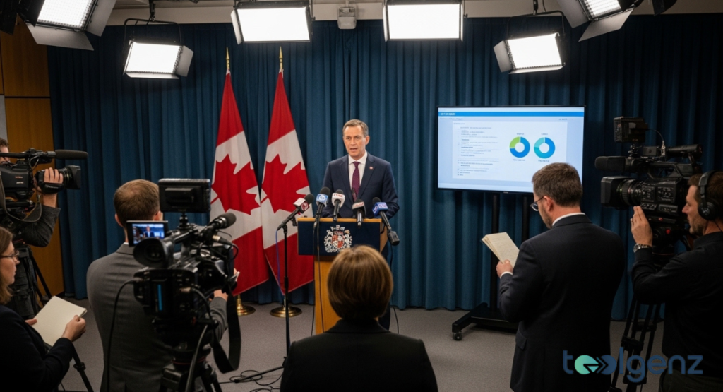 A government official speaks at a podium in a press conference, flanked by Canada TheVerge flags and camera crews. A screen behind him displays a pie chart and data, supporting his official statements and quotes.
