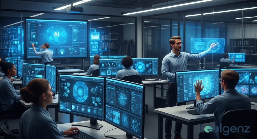 A classroom filled with students working on computers, while instructors present advanced data visualizations on large interactive screens. The setting emphasizes specialized computer science programs and cutting-edge technology.