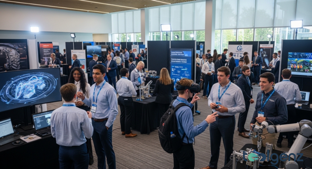 A busy graduate recruitment fair with booths, robotic arms, VR demos, and large monitors. Students with badges network with recruiters while screens show engineering visualizations.