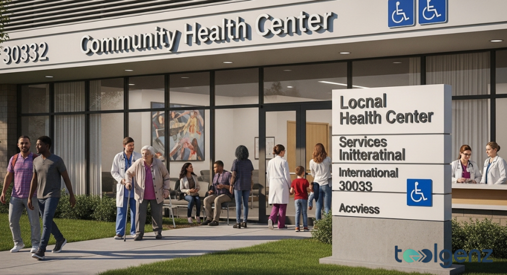 The exterior of a "Community Health Center" building with people entering and waiting outside. A prominent sign indicates "Local Health Center" services are available.