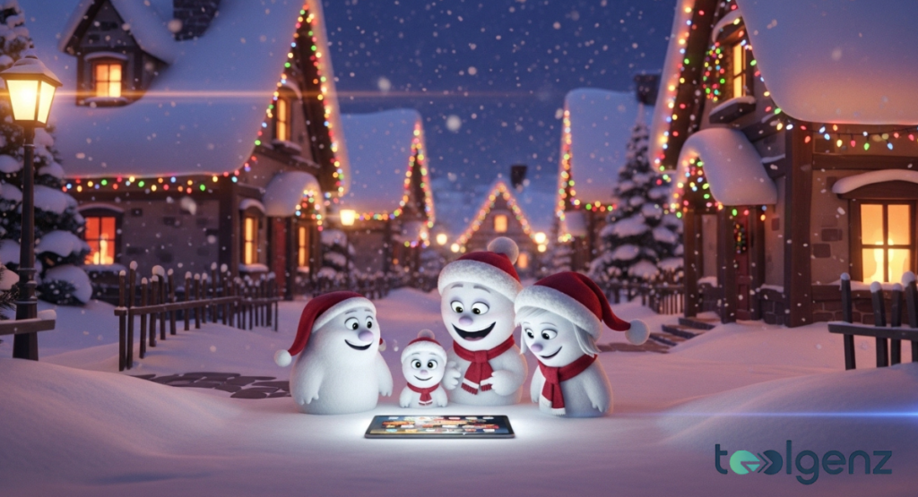 Four cheerful snow figures in Santa hats gather around a glowing tablet in the snow. Festive houses with lights line the twilight street behind them.