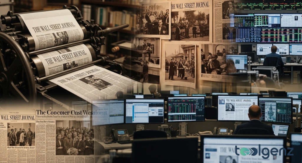 A historical collage blending old newspaper printing presses and vintage Wall Street Journal editions with modern trading floor screens. The imagery traces the evolution of news dissemination from print to digital, illustrating a rich history.