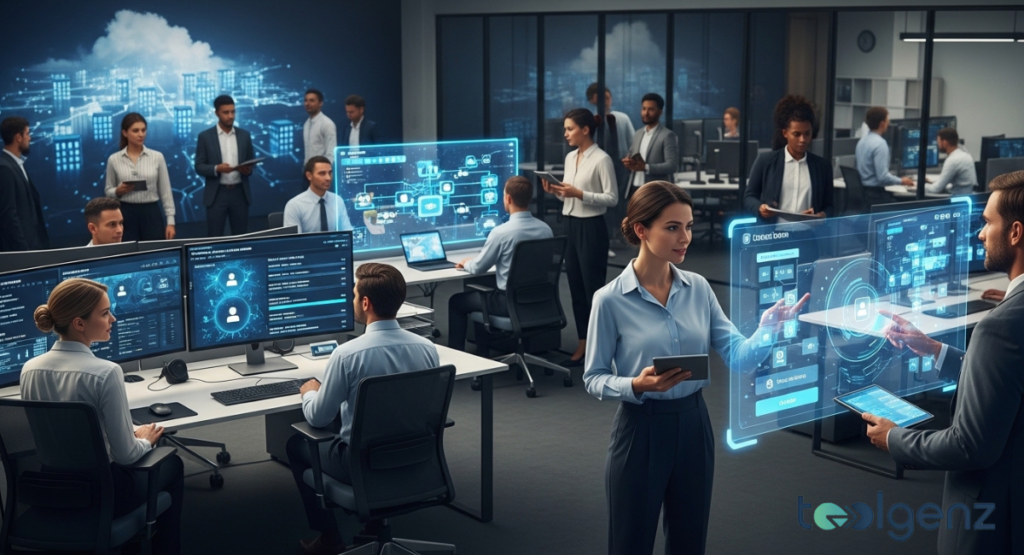 Diverse team in a modern office collaborating around holographic cloud access and identity management interfaces.