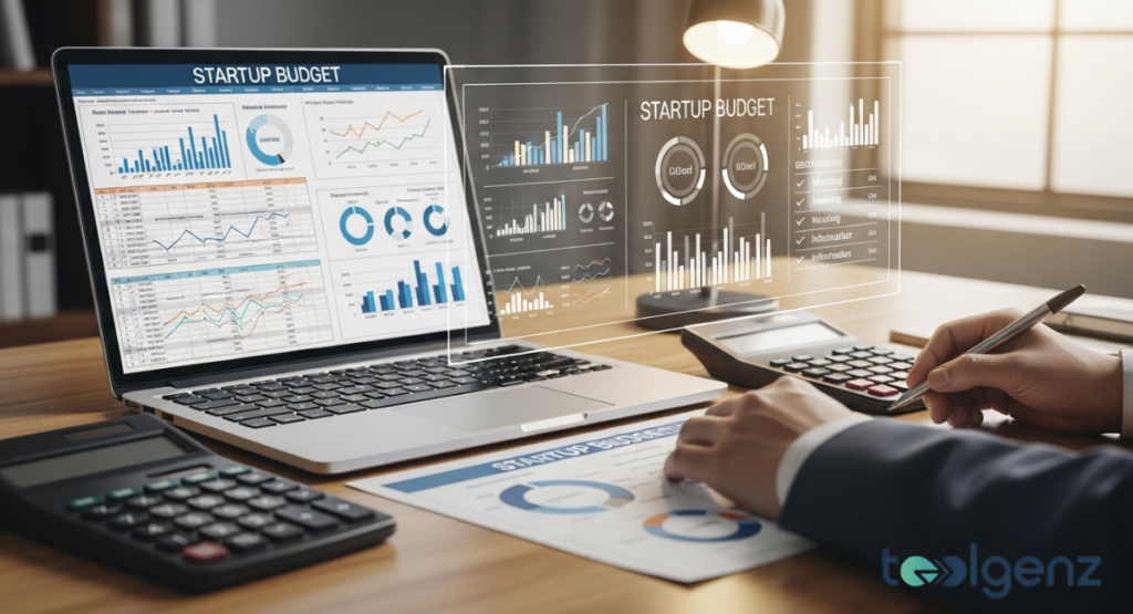 Hands using a calculator and writing on a document, next to a laptop displaying a detailed "STARTUP BUDGET" spreadsheet and graphs. Best Technology Business