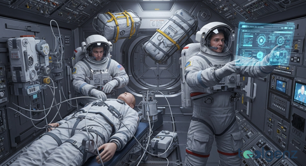 Astronauts attending to a crew member during a medical emergency aboard the International Space Station.