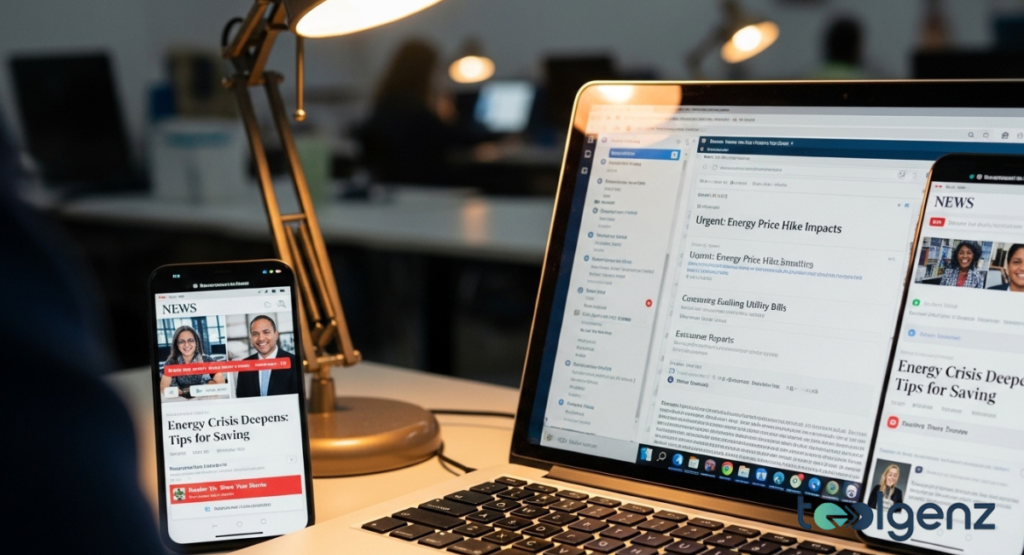 A person works on a laptop and two smartphones, displaying news articles about energy crises. The screens highlight "Urgent: Energy Price Hike Impacts" and "Tips for Saving," seeking reader submissions.