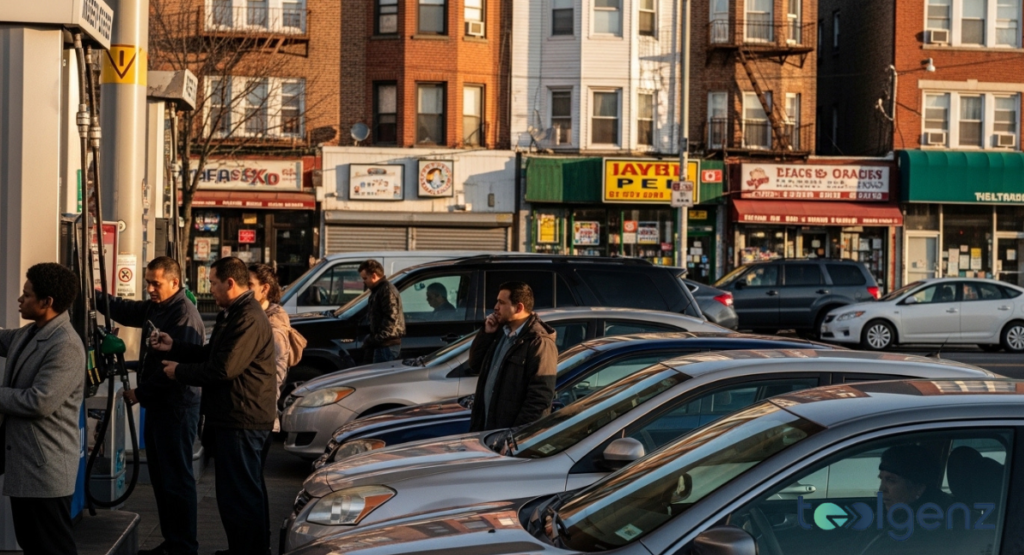 A long line of cars and people queueing at gas pumps in an urban setting during sunset. The scene reflects the daily impact of escalating fuel costs on commuters and local communities.