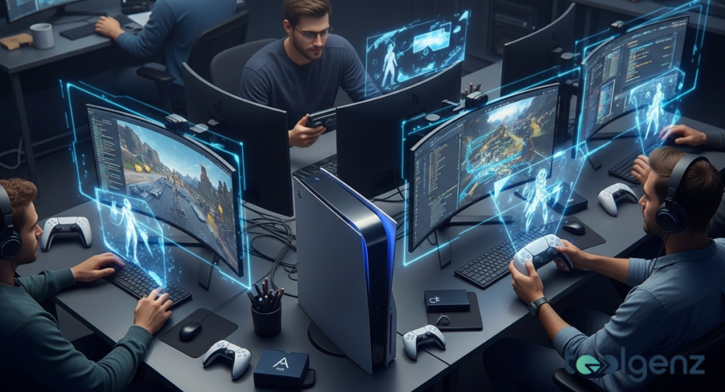 Developers at curved monitors build PlayStation scenes while holographic overlays float above desks. A PS5 console sits center-frame as controllers and tool windows surround the team.