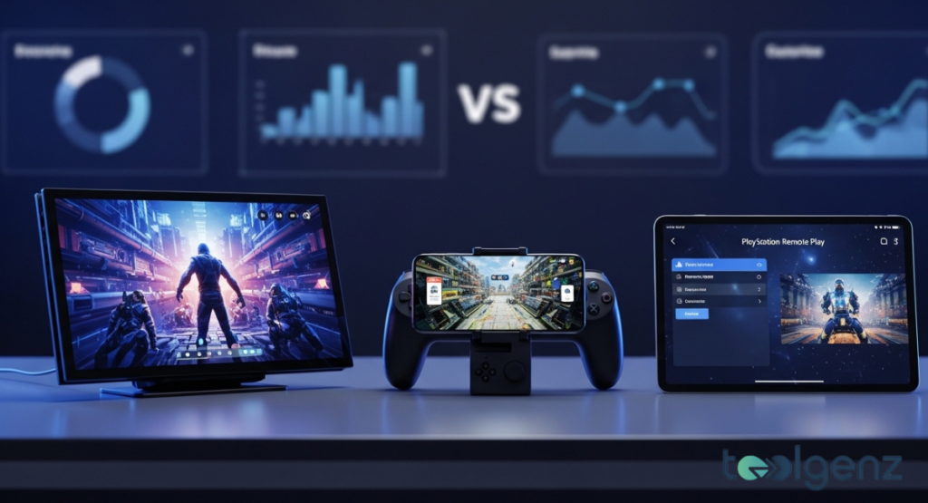 Three screens display different remote play setups: a portable monitor, a phone on a controller mount, and a tablet. Holographic charts comparing "Processing," "Display," and "Battery" metrics float above the devices.