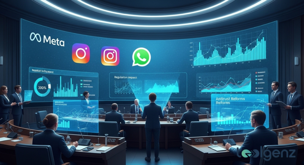 Executives face a curved wall of holographic dashboards labeled FTC v. Meta, with Instagram and WhatsApp icons. Panels display market influence, regulation impact, and antitrust reform charts.