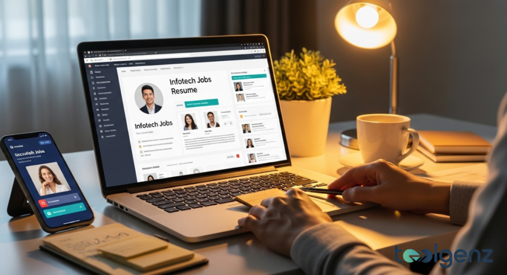 Close-up of a laptop displaying a resume builder and candidate profiles. A phone on the stand shows a recruiter call screen beside sticky notes and a lamp.