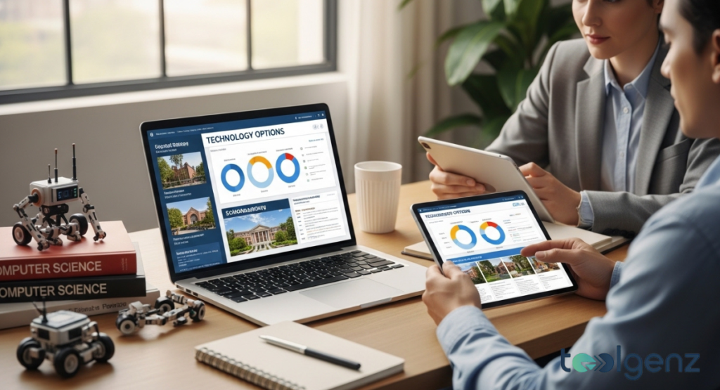 Two professionals discuss "Technology Options" on a laptop and tablet, comparing different college programs.