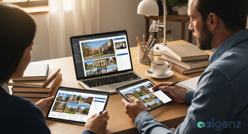Two individuals are looking at university campus images on a laptop and two tablets, suggesting a search for the right school. They are comparing different institutions to find the best fit for their academic goals.