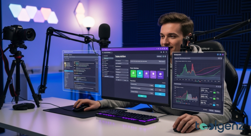 A smiling creator sits at a white desk with three floating analytics dashboards. The center screen shows subscription options and colorful feature tiles.