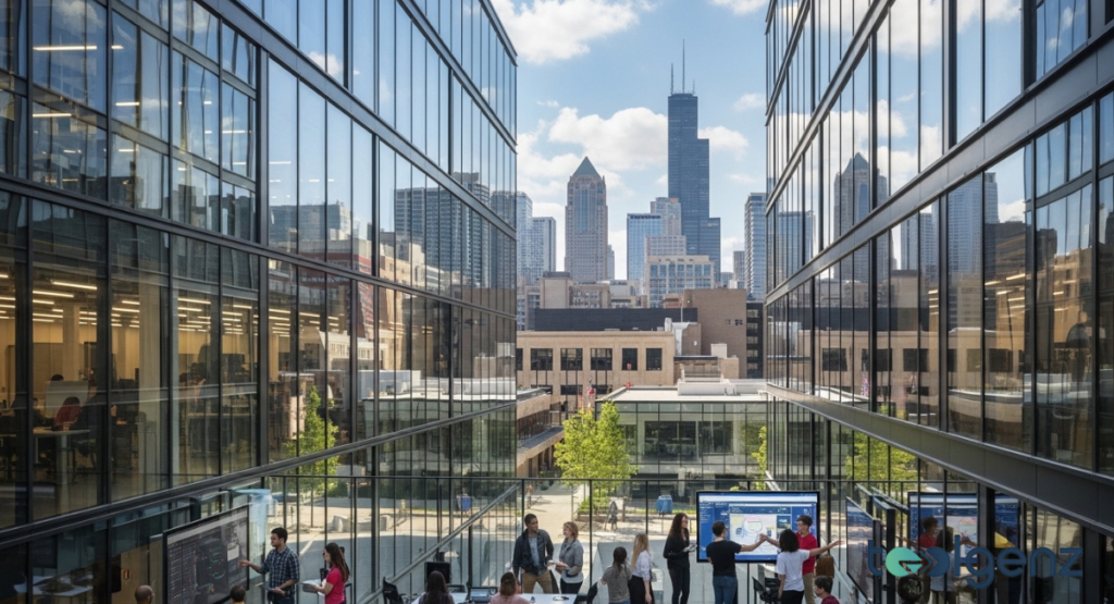 A modern university building with glass facades reflecting a city skyline, overlooking a student gathering area with interactive displays.