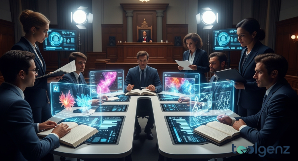 Lawyers and analysts review holographic AI-generated art in a formal courtroom. Transparent screens display neural patterns while a judge observes from the bench.
