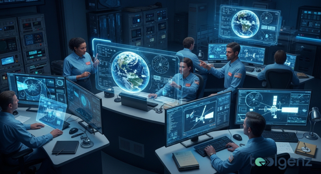 Mission control team monitoring Earth and the space station after NASA astronauts' space station evacuation.