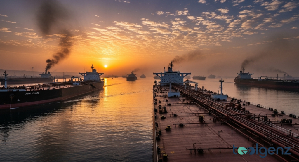 Two massive oil tankers navigate a busy strait at sunset, with more vessels silhouetted on the horizon. Golden light reflects on calm water as black smoke drifts from ship funnels under a textured sky.