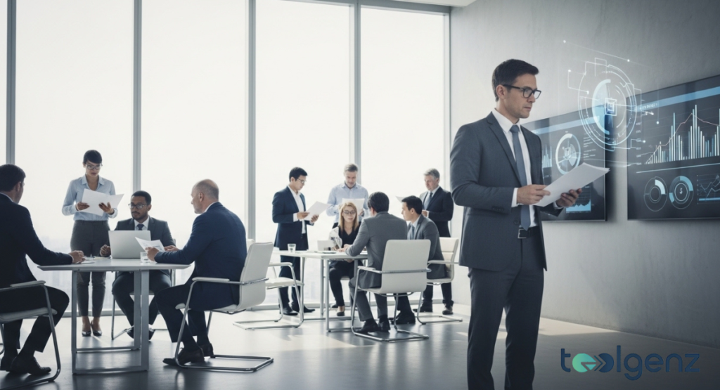 sources Meta Professionals meet around tables in a bright office while one person reviews papers near large data screens.