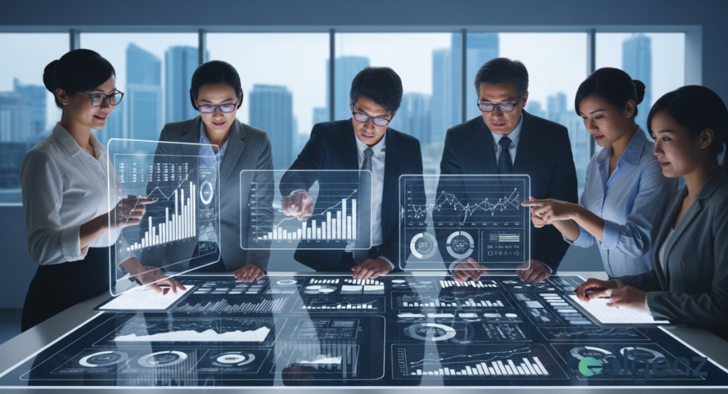 Group of professionals analyzing market data and growth charts on a large interactive holographic table with city skyline view.
