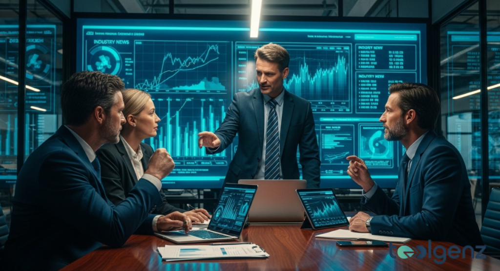 Executives meet around a table with laptops while a presenter points at financial charts. A massive screen labeled “INDUSTRY NEWS” shows market data and trends.