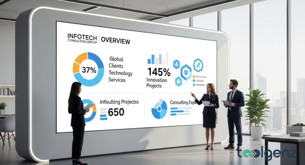 Info Tech Consulting: Diverse team collaborates in a modern boardroom, focusing on a large screen displaying "Info tech consulting" data visualizations and a map of the USA. This image captures the essence of strategic planning and technological integration.
