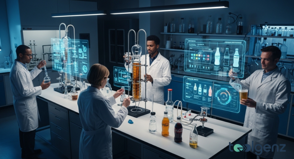 Scientists in lab coats test amber and clear beverages using glassware, pipettes, and distillation setups beside holographic displays.