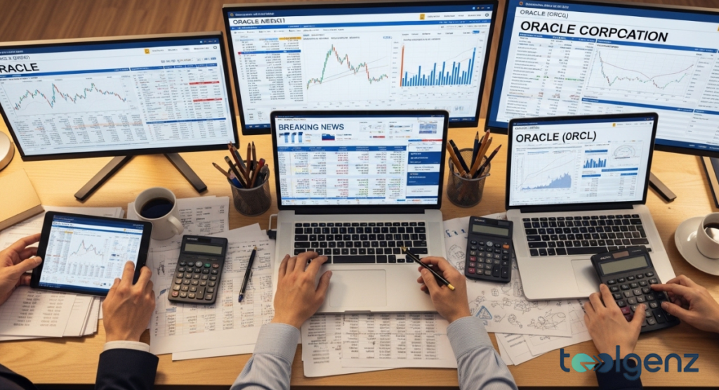Top-down view of a desk covered with laptops, monitors, calculators, and printed charts. Hands type, point, and crunch numbers beside screens labeled “ORACLE (ORCL).”