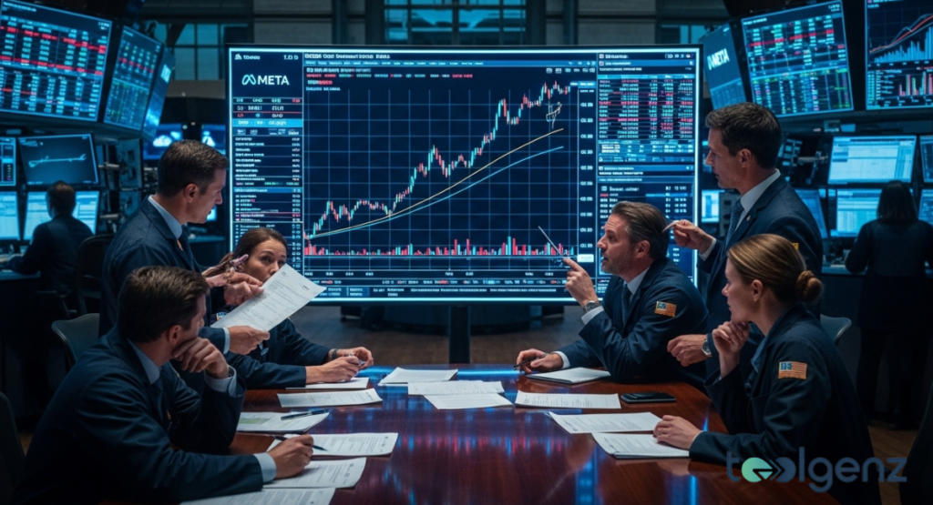 Analysts gather around a table beneath a massive META candlestick chart and trading terminals.