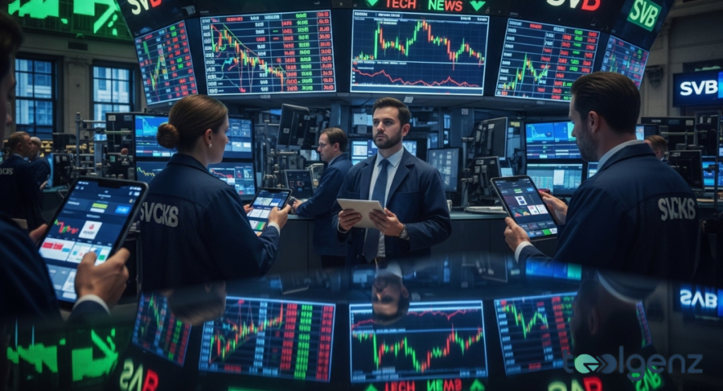A busy trading floor with brokers reacting to stock market fluctuations displayed on numerous screens. The large overhead displays show volatile market graphs, reflecting investor reactions to financial news.