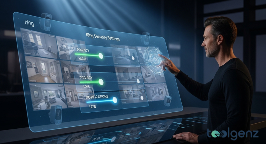 A man adjusts Ring security settings on a large transparent display showing camera feeds. Sliders labeled Privacy and Notifications glow as he interacts with the Ring interface.